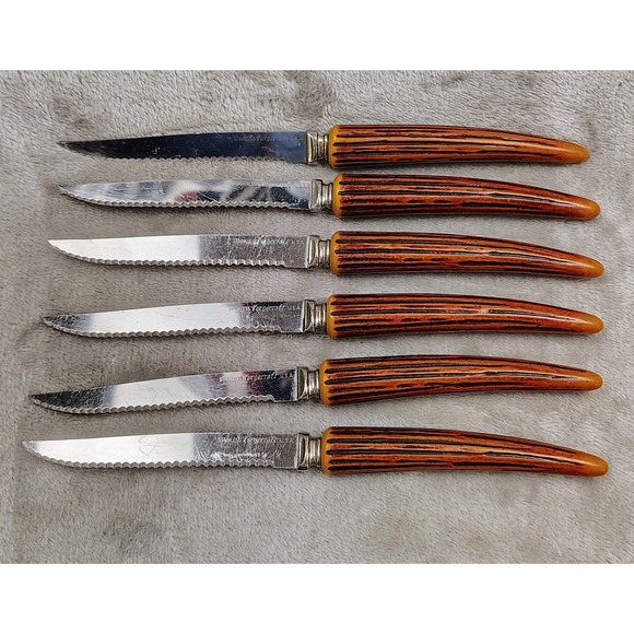 Vintage Bakelite Handle Steak Knives Set Of 6 Antler Look Knife Forgecraft USA - Picture 1 of 4
